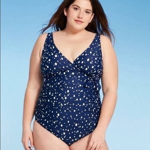 New! ~ Size 18W ~ Kona Sol Blue & White Polka Dot Wrap-Front One-Piece Swimsuit